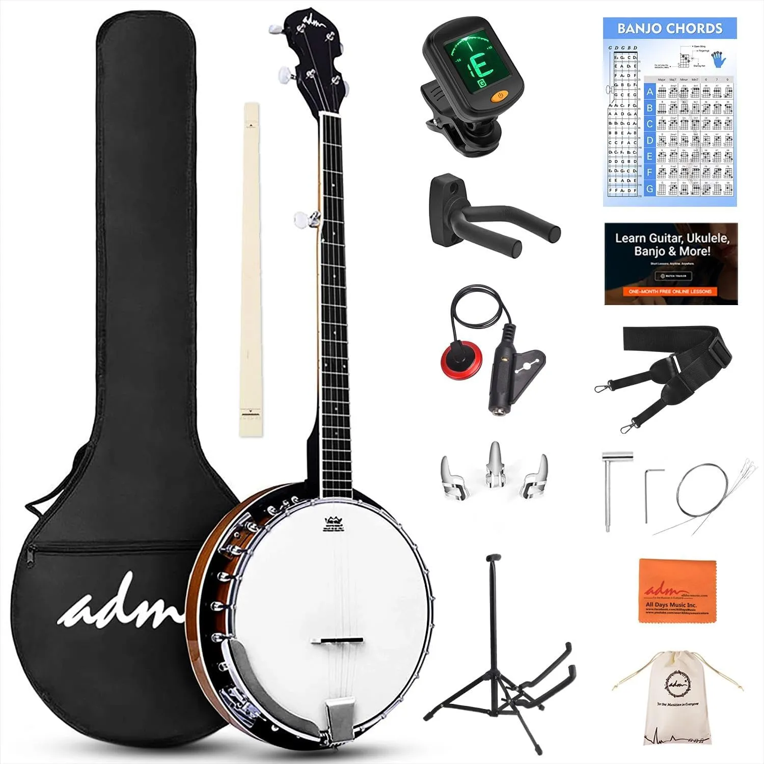 ADM Banjo 5 String Full Size Banjoes Set, 38" Beginner Banjo Kit with Resonator EQ, Remo Drum Head Open Closed Back, Gift Package Free Lessons Starter Accessories for Adults Teenager, Upgrade-Brown
