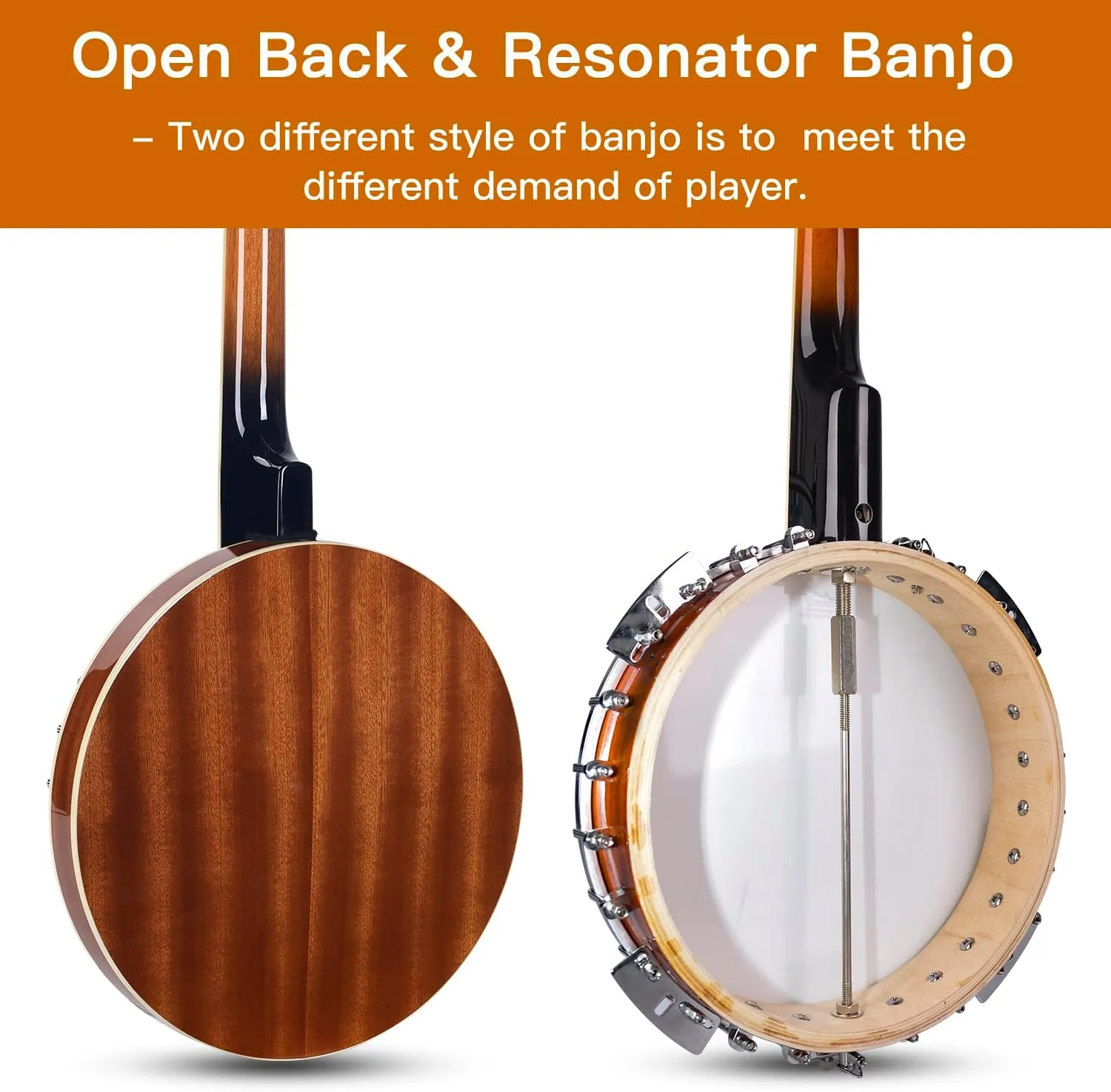 ADM Banjo 5 String Full Size Banjoes Set, 38" Beginner Banjo Kit with Resonator EQ, Remo Drum Head Open Closed Back, Gift Package Free Lessons Starter Accessories for Adults Teenager, Upgrade-Brown