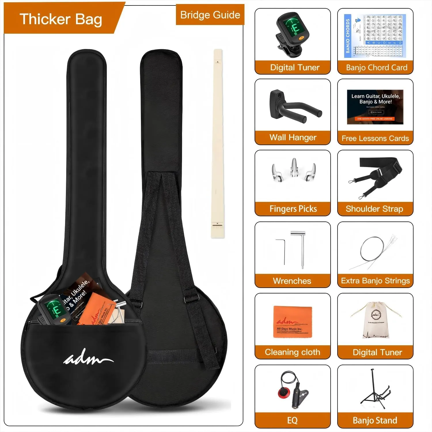 ADM Banjo 5 String Full Size Banjoes Set, 38" Beginner Banjo Kit with Resonator EQ, Remo Drum Head Open Closed Back, Gift Package Free Lessons Starter Accessories for Adults Teenager, Upgrade-Brown