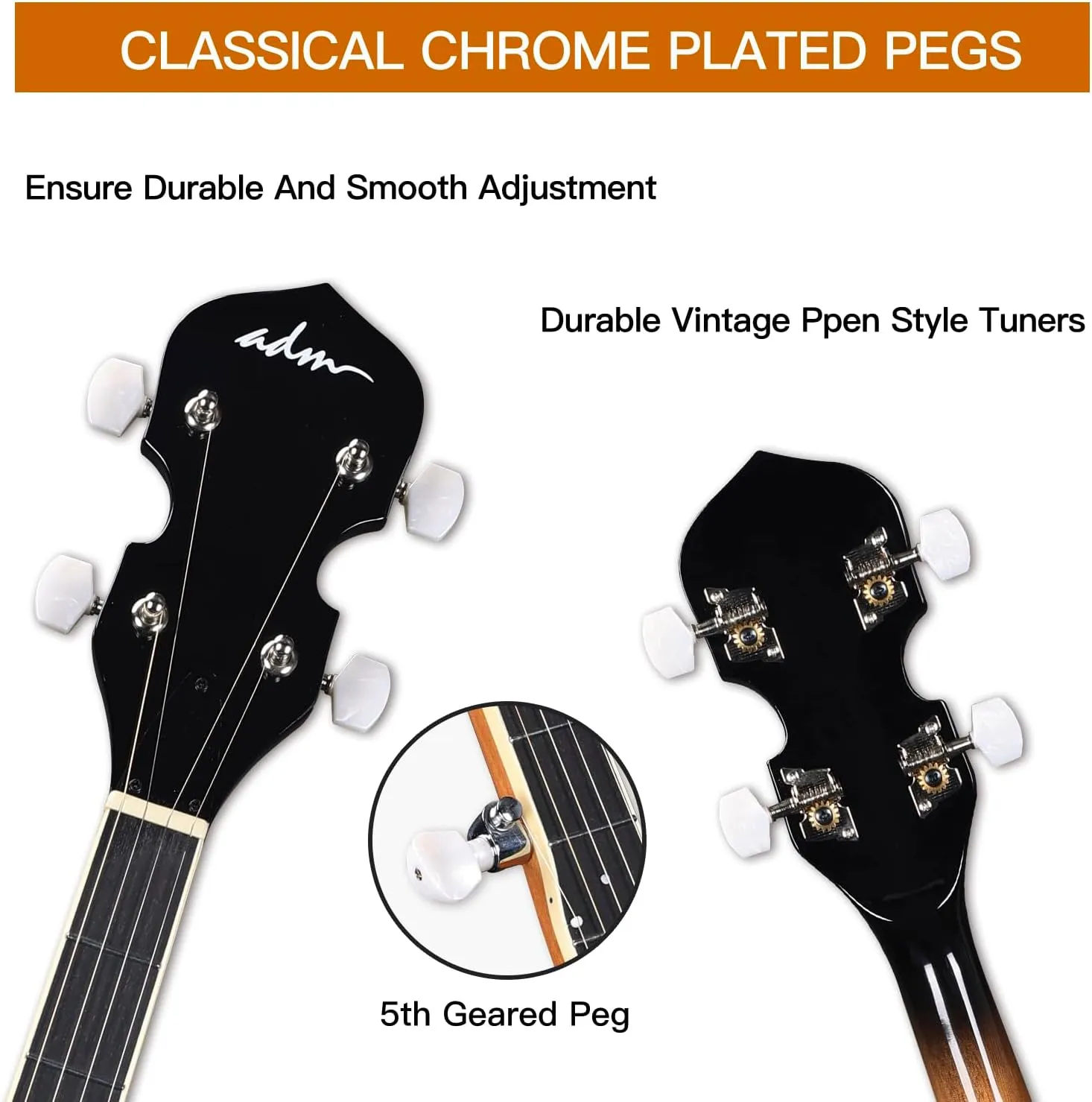 ADM Banjo 5 String Full Size Banjoes Set, 38" Beginner Banjo Kit with Resonator EQ, Remo Drum Head Open Closed Back, Gift Package Free Lessons Starter Accessories for Adults Teenager, Upgrade-Brown