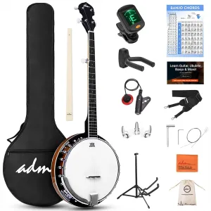 ADM Banjo 5 String Full Size Banjoes Set, 38" Beginner Banjo Kit with Resonator EQ, Remo Drum Head Open Closed Back, Gift Package Free Lessons Starter Accessories for Adults Teenager, Upgrade-Brown