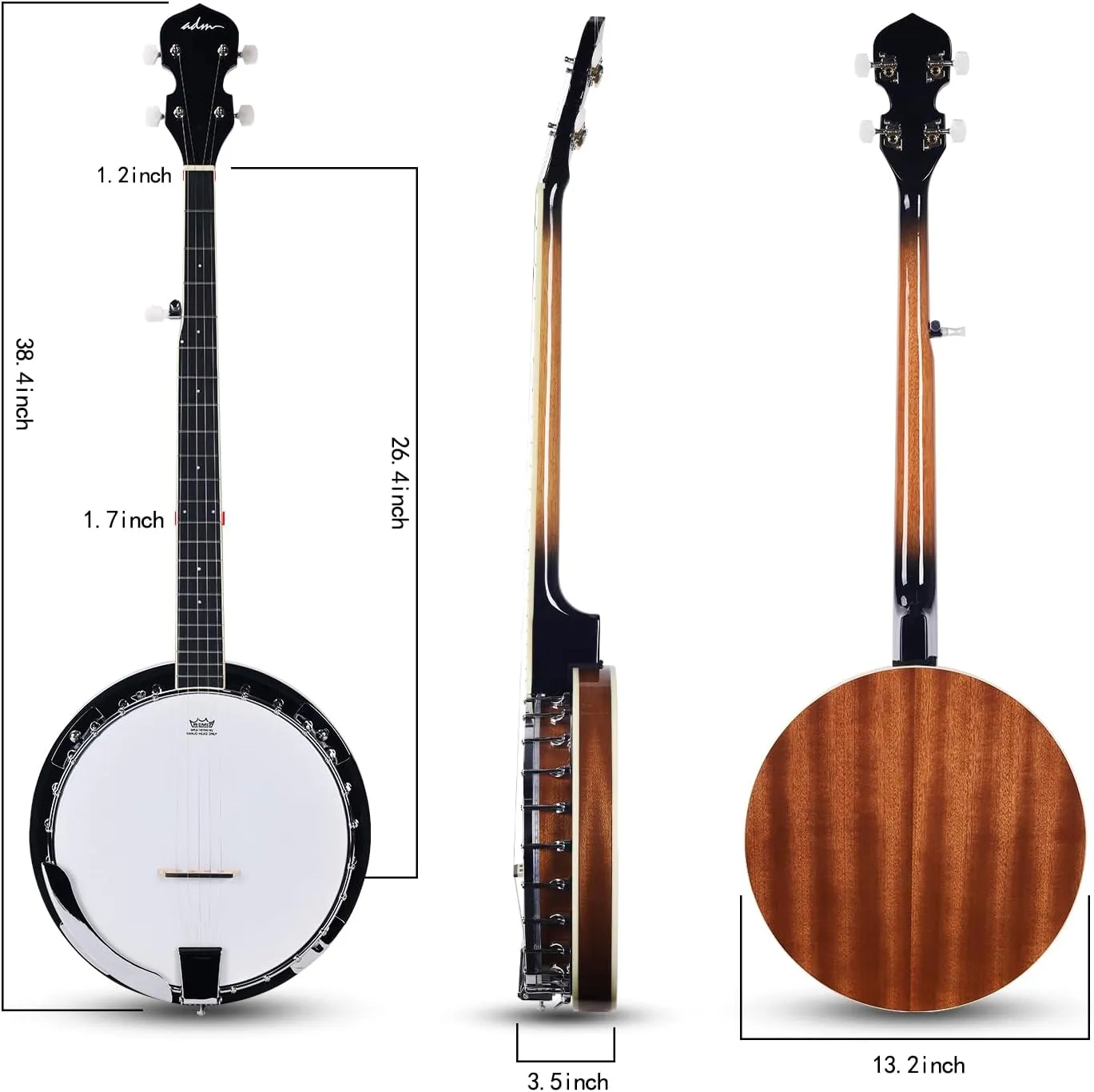 ADM Banjo 5 String Full Size Banjoes Set, 38" Beginner Banjo Kit with Resonator EQ, Remo Drum Head Open Closed Back, Gift Package Free Lessons Starter Accessories for Adults Teenager, Upgrade-Brown