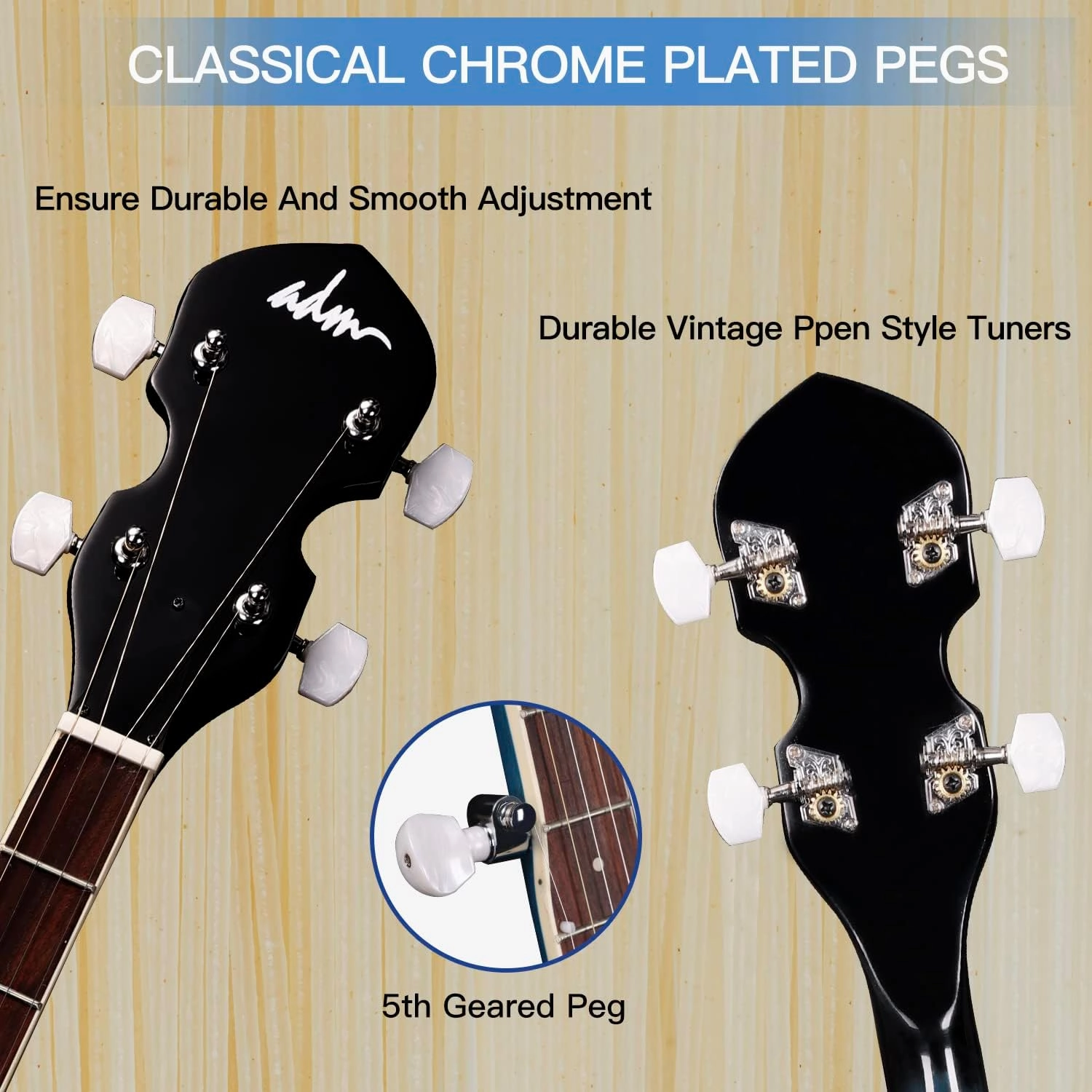 ADM Banjo 5 String Full Size Banjoes Set, 38 Inch Beginner Banjo Kit with Resonator, Remo Drum Head, Open or Closed Back, Gift Package Free Lessons Starter Accessories for Adults Teenager, Blueburst