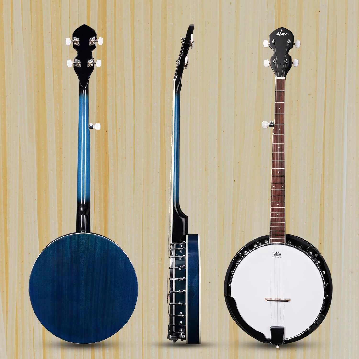 ADM Banjo 5 String Full Size Banjoes Set, 38 Inch Beginner Banjo Kit with Resonator, Remo Drum Head, Open or Closed Back, Gift Package Free Lessons Starter Accessories for Adults Teenager, Blueburst