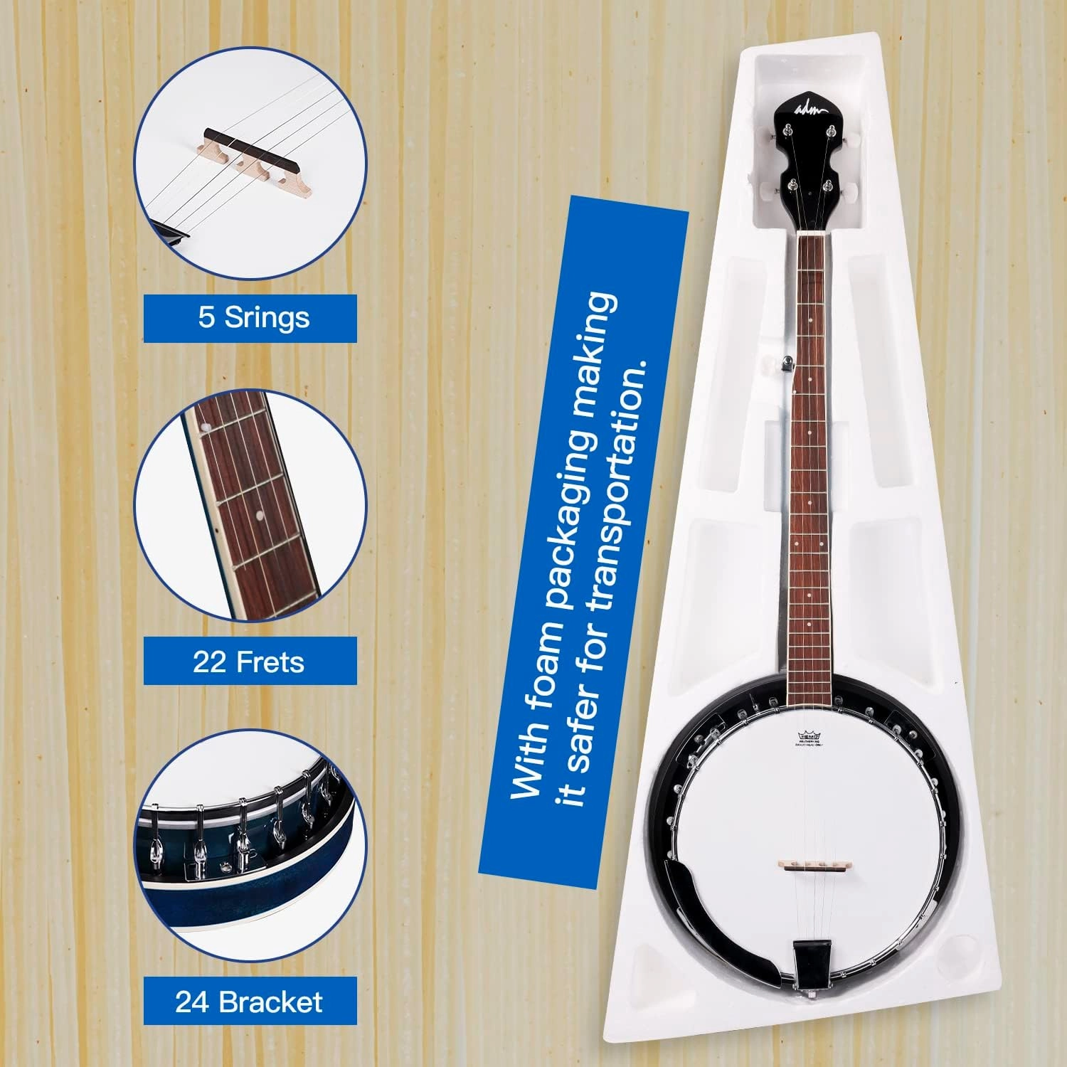 ADM Banjo 5 String Full Size Banjoes Set, 38 Inch Beginner Banjo Kit with Resonator, Remo Drum Head, Open or Closed Back, Gift Package Free Lessons Starter Accessories for Adults Teenager, Blueburst