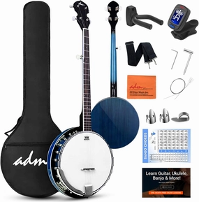 ADM Banjo 5 String Full Size Banjoes Set, 38 Inch Beginner Banjo Kit with Resonator, Remo Drum Head, Open or Closed Back, Gift Package Free Lessons Starter Accessories for Adults Teenager, Blueburst