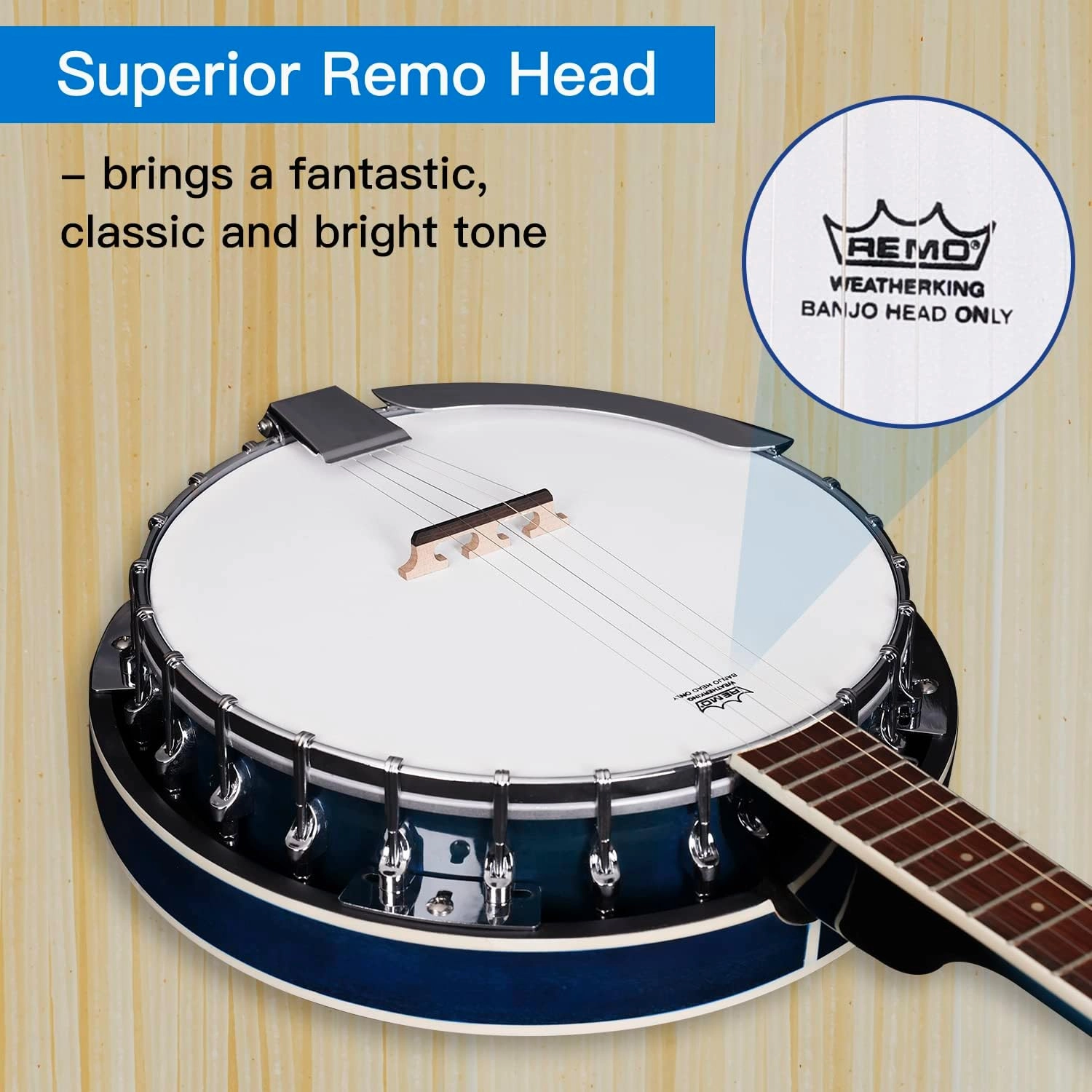 ADM Banjo 5 String Full Size Banjoes Set, 38 Inch Beginner Banjo Kit with Resonator, Remo Drum Head, Open or Closed Back, Gift Package Free Lessons Starter Accessories for Adults Teenager, Blueburst