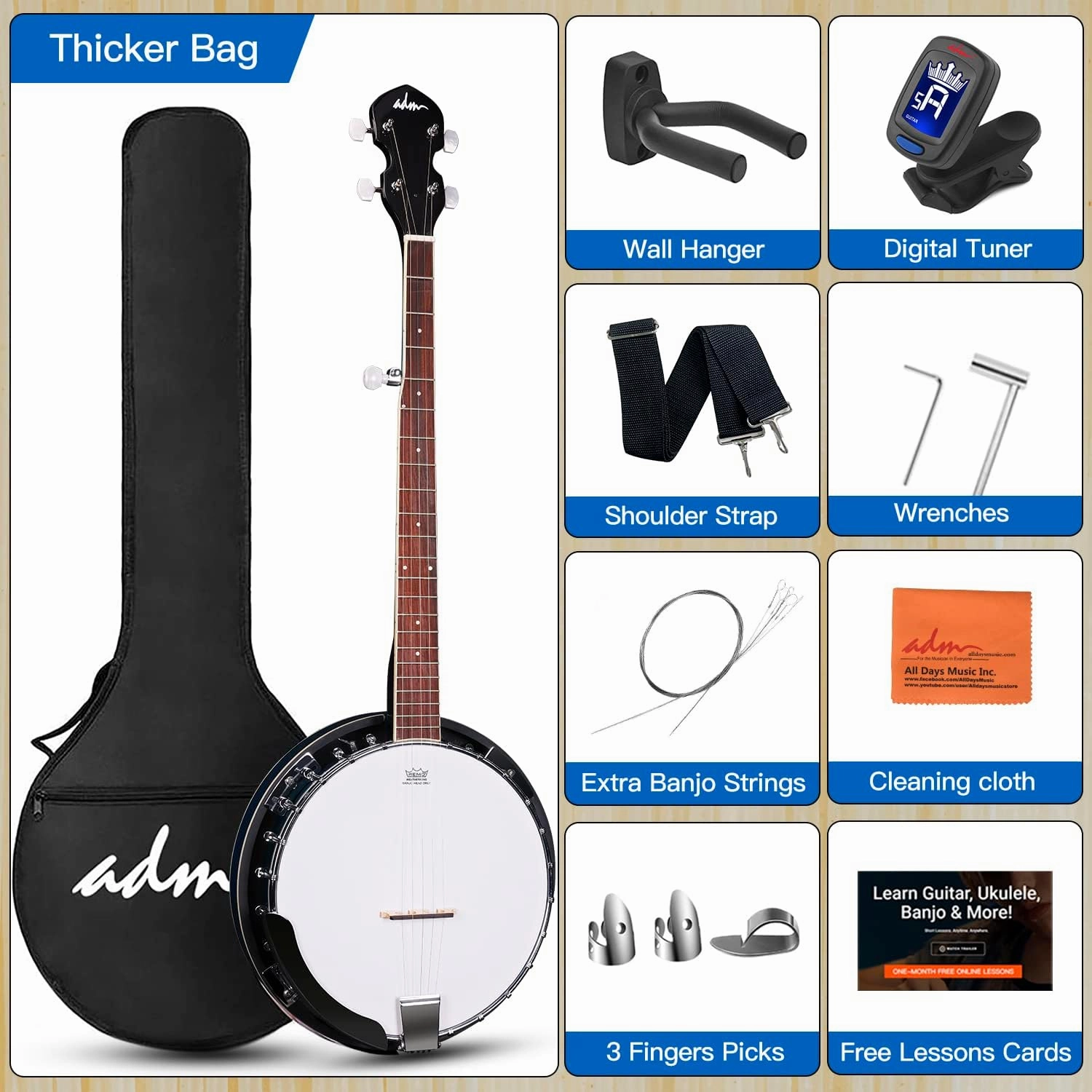 ADM Banjo 5 String Full Size Banjoes Set, 38 Inch Beginner Banjo Kit with Resonator, Remo Drum Head, Open or Closed Back, Gift Package Free Lessons Starter Accessories for Adults Teenager, Blueburst