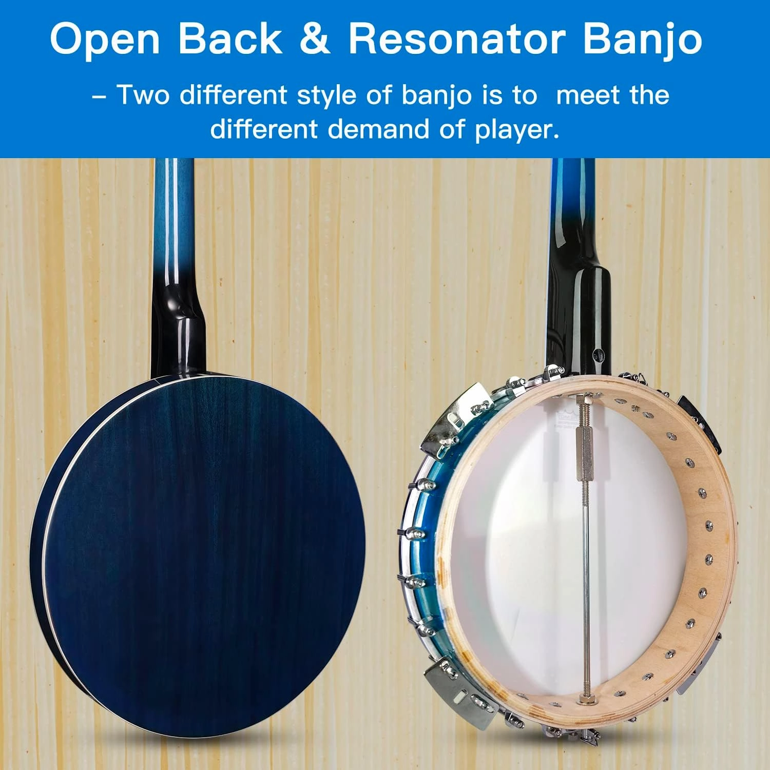 ADM Banjo 5 String Full Size Banjoes Set, 38 Inch Beginner Banjo Kit with Resonator, Remo Drum Head, Open or Closed Back, Gift Package Free Lessons Starter Accessories for Adults Teenager, Blueburst