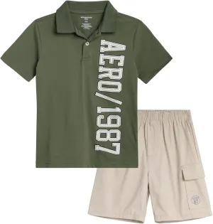 AEROPOSTALE Boys Short Sets - 2 Piece Short Sleeve Polo Shirt and Woven Cargo Shorts Summer Outfits for Boys (Sizes: 4-16)