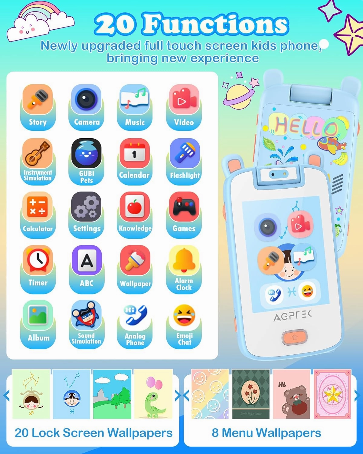 AGPTEK Kids Phone, Touchscreen Toy Phone with 32 GB TF Card,Toddler Cell Phone with Dual Camera, Preschool Learning Device for 3-7 Year Old Child, Christmas Birthday Gifts for Boys & Girls-Blue
