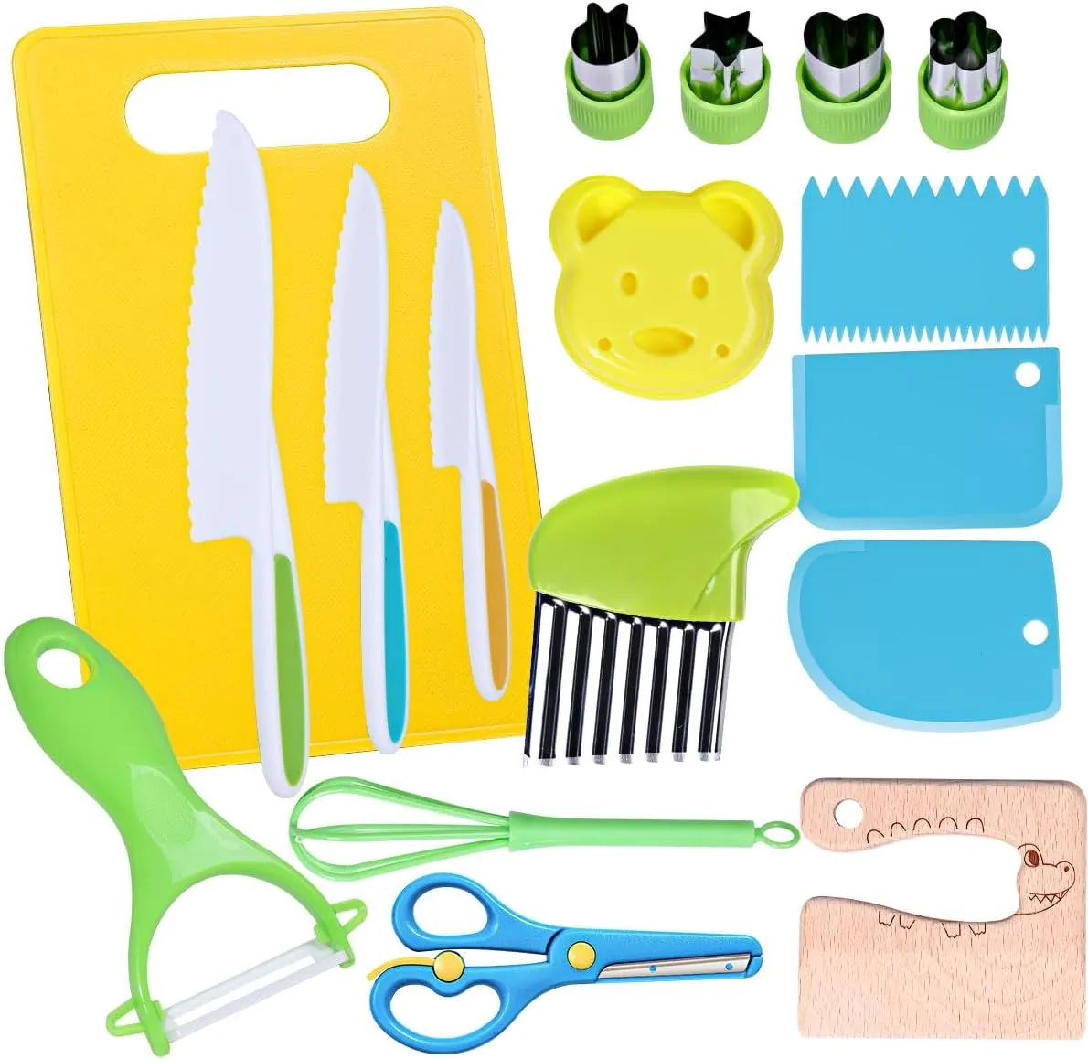 AICase 17 Pieces Montessori Toys Kitchen Tools for Toddlers-Kids Cooking Sets Real-Toddler Safe Knives Set for Real Cooking with Plastic Toddler Safe Knives Crinkle Cutter Kids Cutting Board