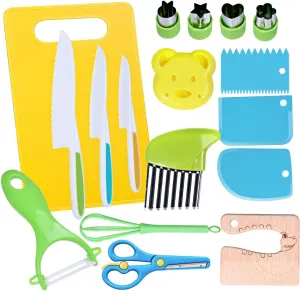 AICase 17 Pieces Montessori Toys Kitchen Tools for Toddlers-Kids Cooking Sets Real-Toddler Safe Knives Set for Real Cooking with Plastic Toddler Safe Knives Crinkle Cutter Kids Cutting Board