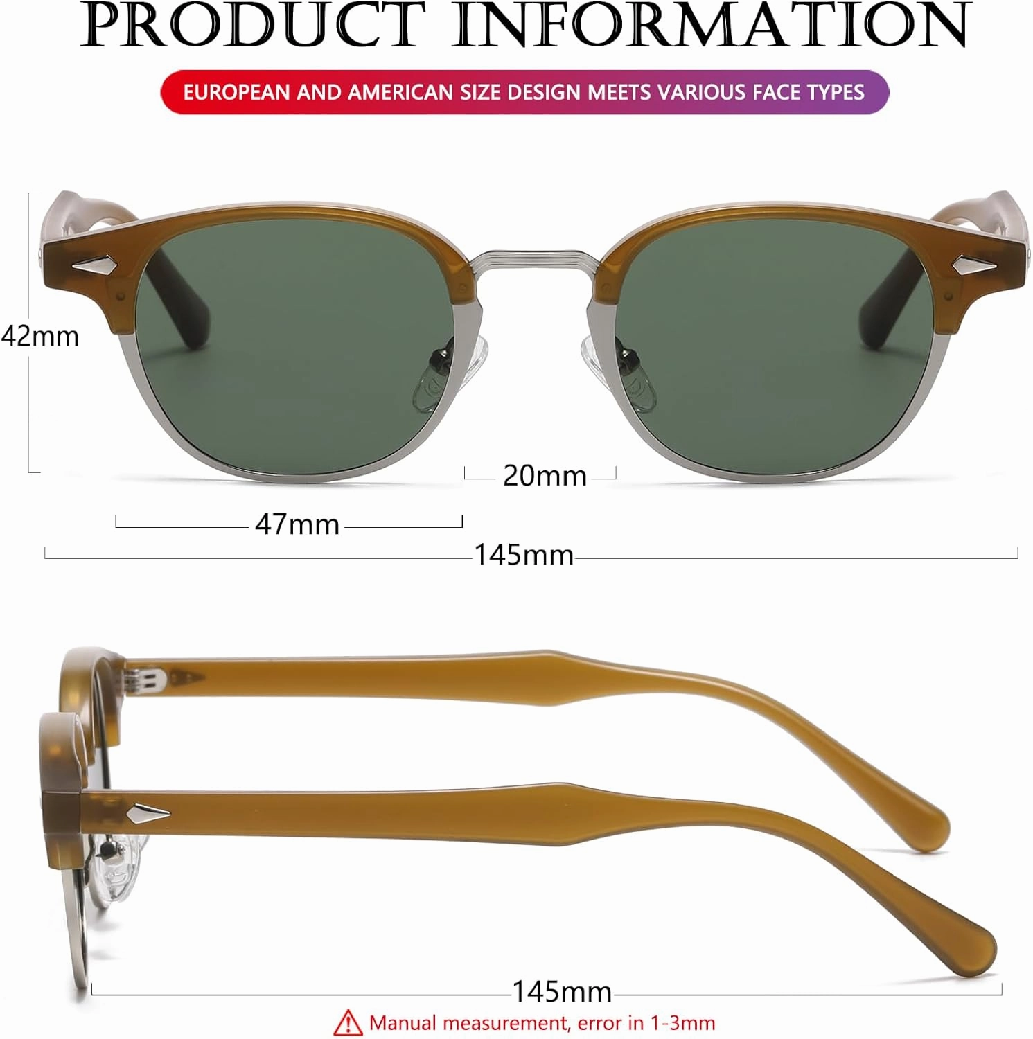 AIEYEZO Polarized Sunglasses for Men Women Classic Semi-Rimless Frame Sun Glasses Fashion Retro Designer Shades