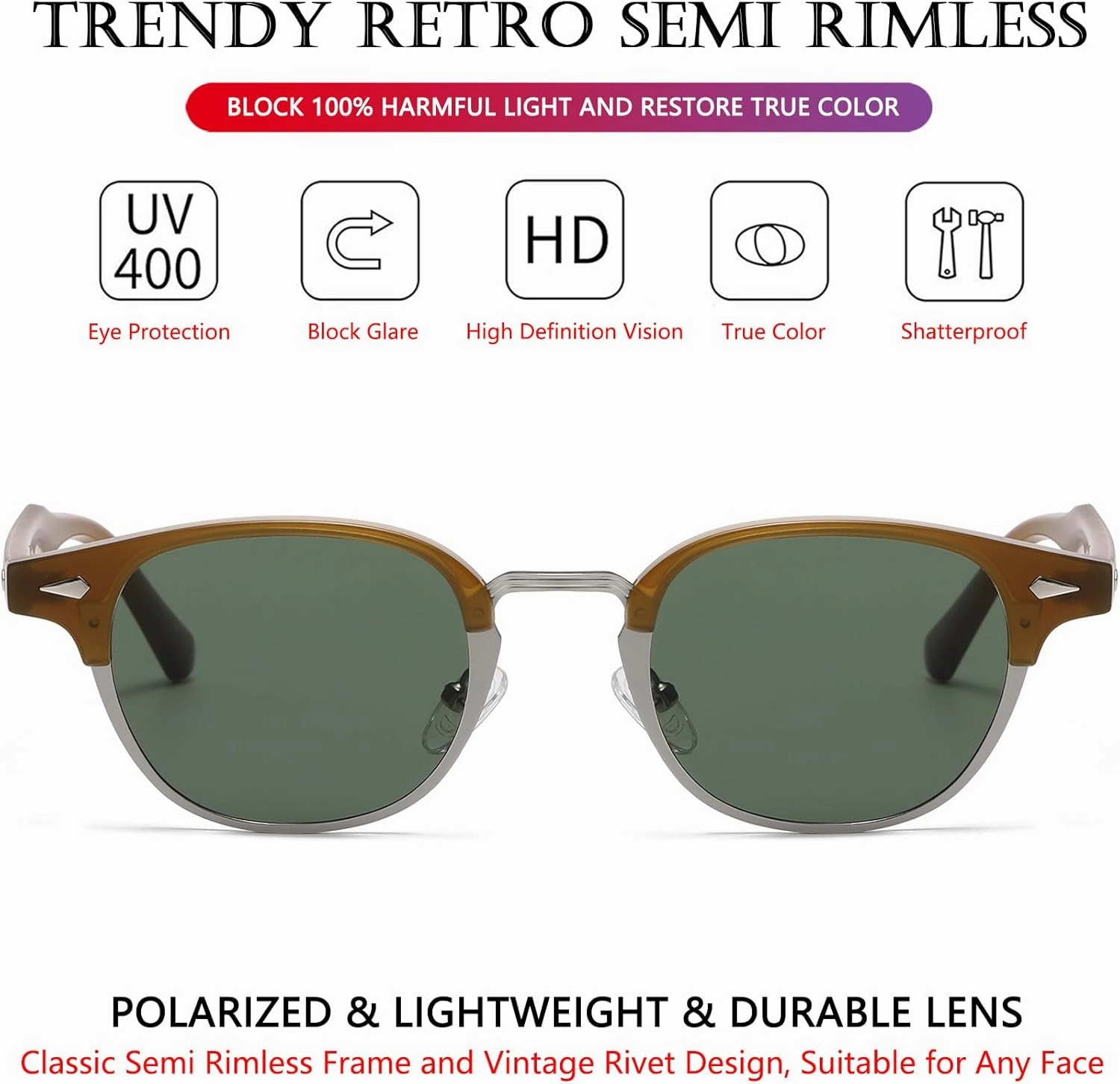 AIEYEZO Polarized Sunglasses for Men Women Classic Semi-Rimless Frame Sun Glasses Fashion Retro Designer Shades
