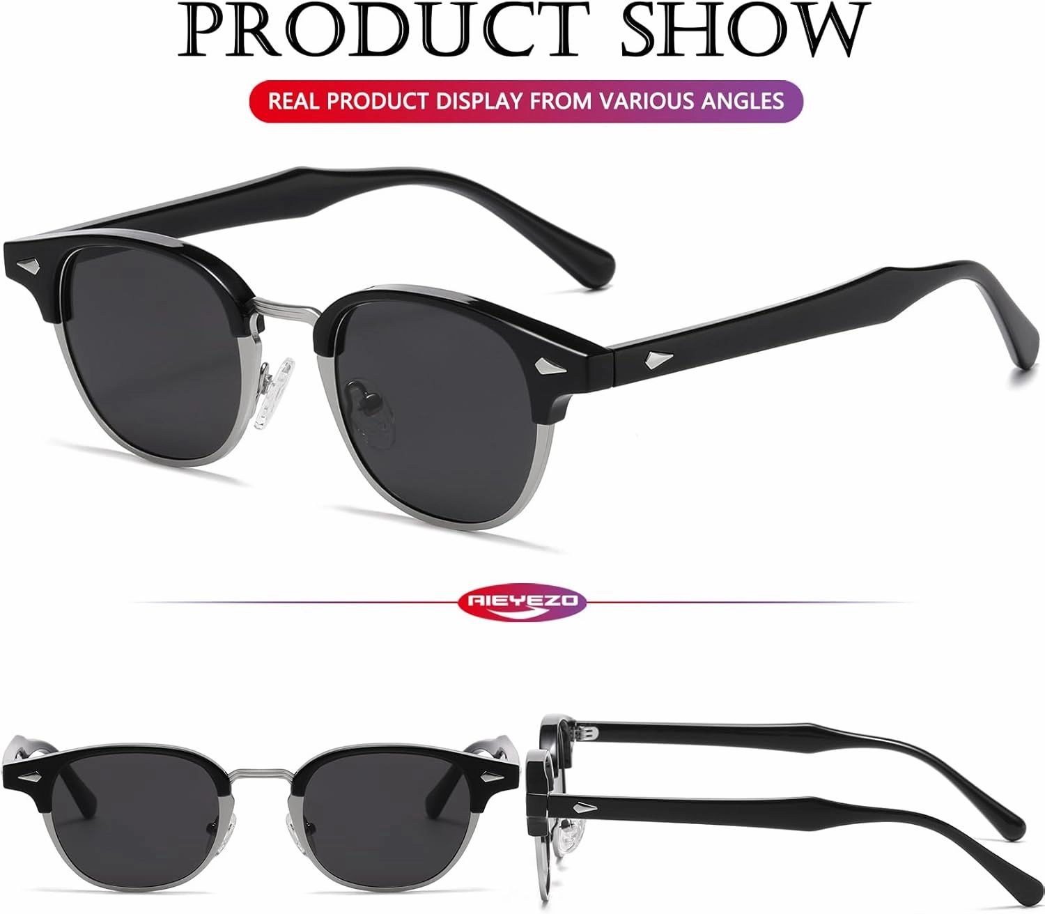 AIEYEZO Polarized Sunglasses for Men Women Classic Semi-Rimless Frame Sun Glasses Fashion Retro Designer Shades