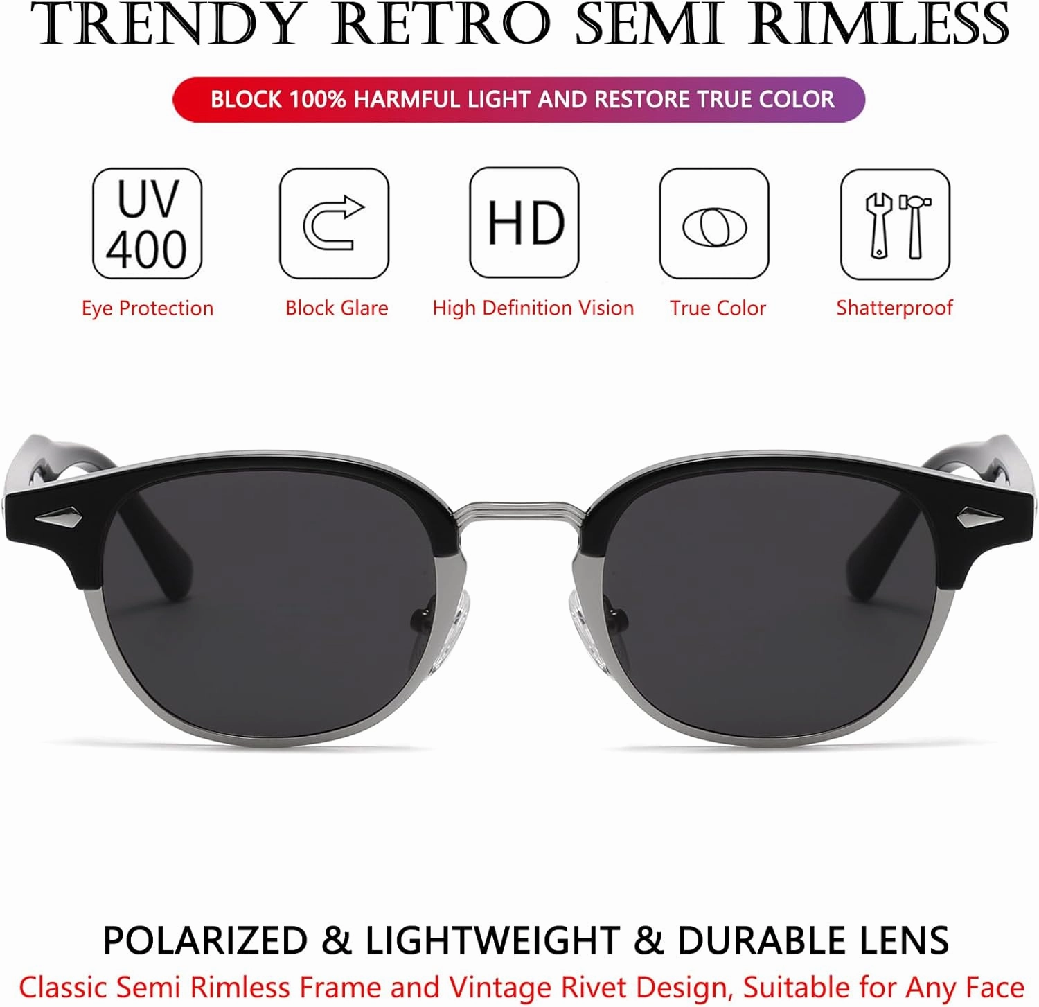 AIEYEZO Polarized Sunglasses for Men Women Classic Semi-Rimless Frame Sun Glasses Fashion Retro Designer Shades