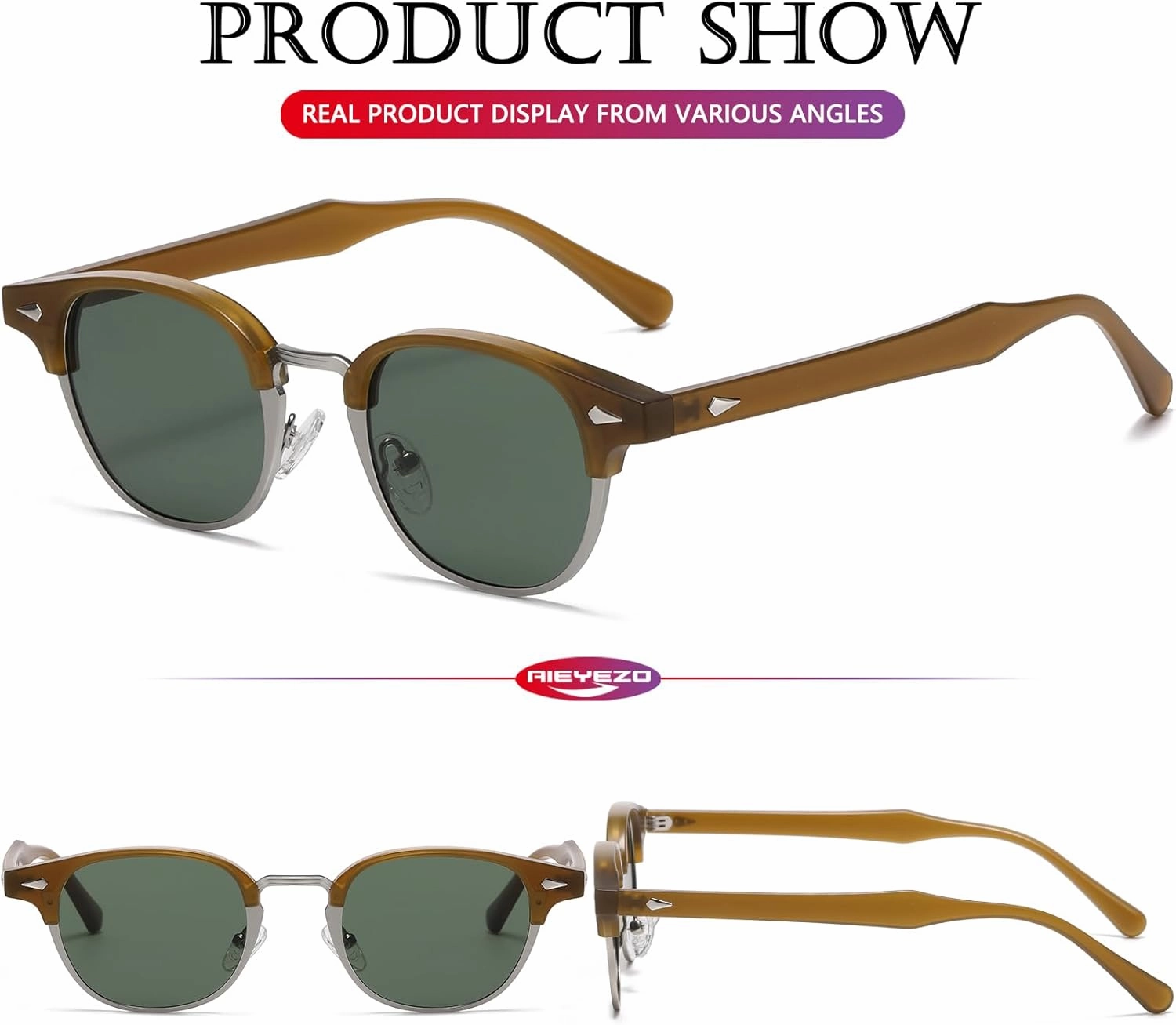 AIEYEZO Polarized Sunglasses for Men Women Classic Semi-Rimless Frame Sun Glasses Fashion Retro Designer Shades