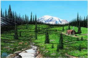Alpine Meadow Cabin Giclee Art Print Poster from Drawing and Painting by Artist Mike Bennett 30" x 45"