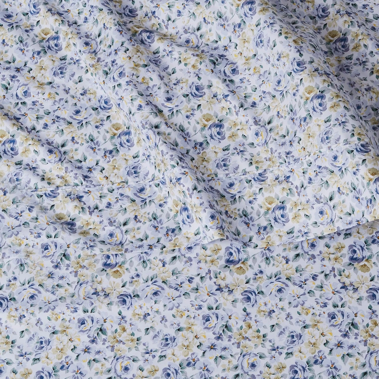 Amazon Basics Lightweight Super Soft Easy Care Microfiber 4 Piece Bed Sheet Set With 14-inch Deep Pockets, Full, Blue Floral,Printed