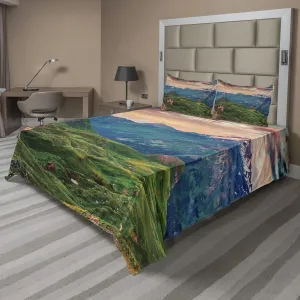 Ambesonne Mountain Sheet Set, Summer Morning of Grossglockner High Alpine Road Austrian Dramatic Sunset, Fitted and Flat Sheet with Pillowcases Bedding Accent 4 Piece Set, Full, Coral Teal Green