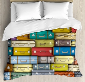 Ambesonne Modern Duvet Cover Set, Colorful Suitcases Background Vintage Travel Voyage Holiday Themed Design, Decorative 3 Piece Bedding Set with 2 Pillow Shams, Queen Size, Red Green