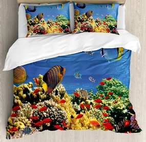 Ambesonne Ocean Duvet Cover Set, Submerged Colorful Coral Colony on Reef Exotic Fishes Tranquil Shallow Sea Picture, Decorative 3 Piece Bedding Set with 2 Pillow Shams, King Size, Multicolor