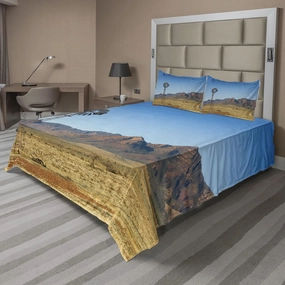 Ambesonne Windmill Sheet Set, Flinders Ranges South Australia Mountains Barren Land Summer, Fitted and Flat Sheet with Pillowcases Bedding Accent 4 Piece Set, King, Earth Yellow Pale Blue