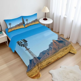 Ambesonne Windmill Sheet Set, Flinders Ranges South Australia Mountains Barren Land Summer, Fitted and Flat Sheet with Pillowcases Bedding Accent 4 Piece Set, Queen, Earth Yellow Pale Blue
