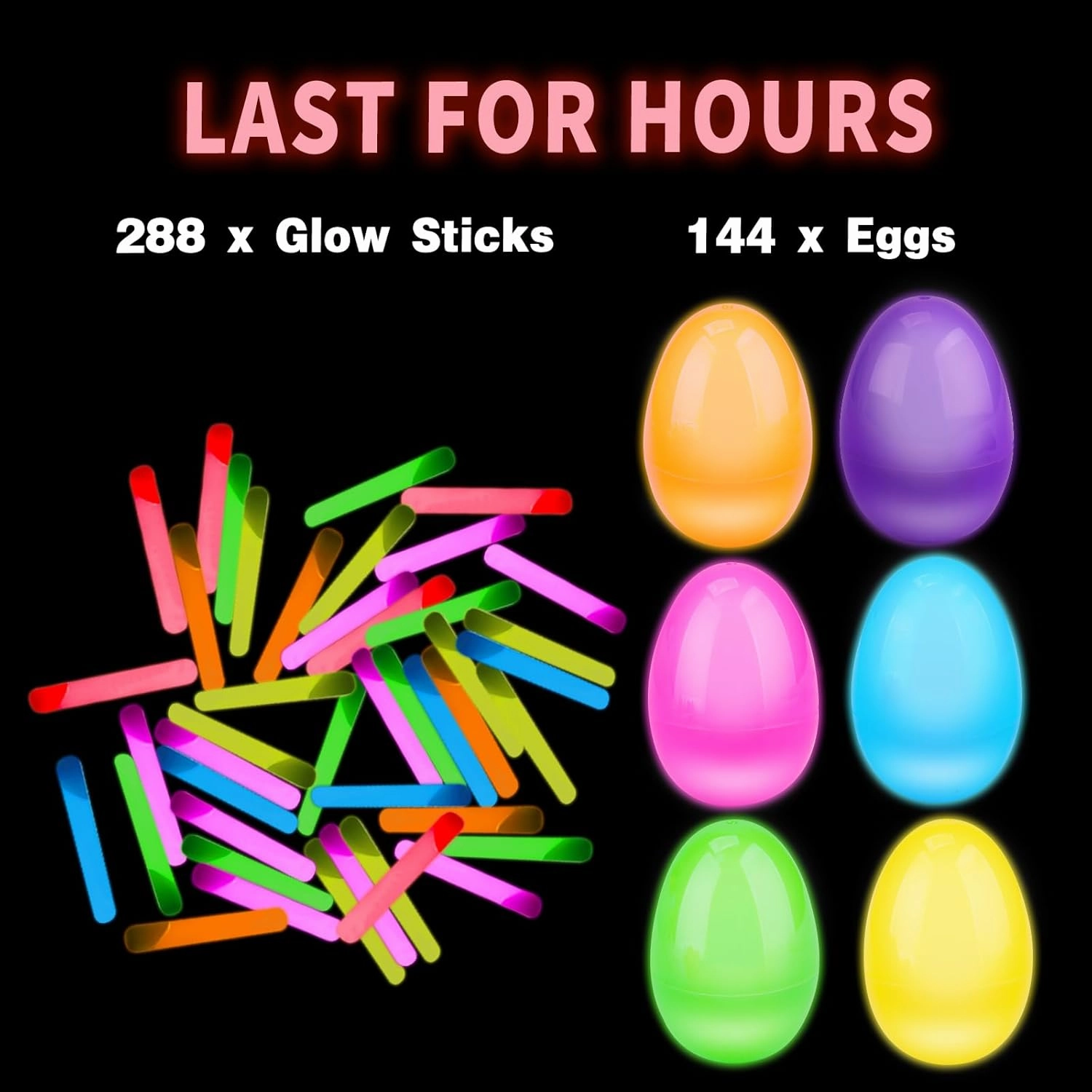 Amy & Benton 144 Easter Glow Eggs with 288 Mini Glow Sticks for Kids-Easter Eggs Glow in the Dark Egg Hunt Game Bulk Party Favors Boys Girls Classroom Prizes Decorations