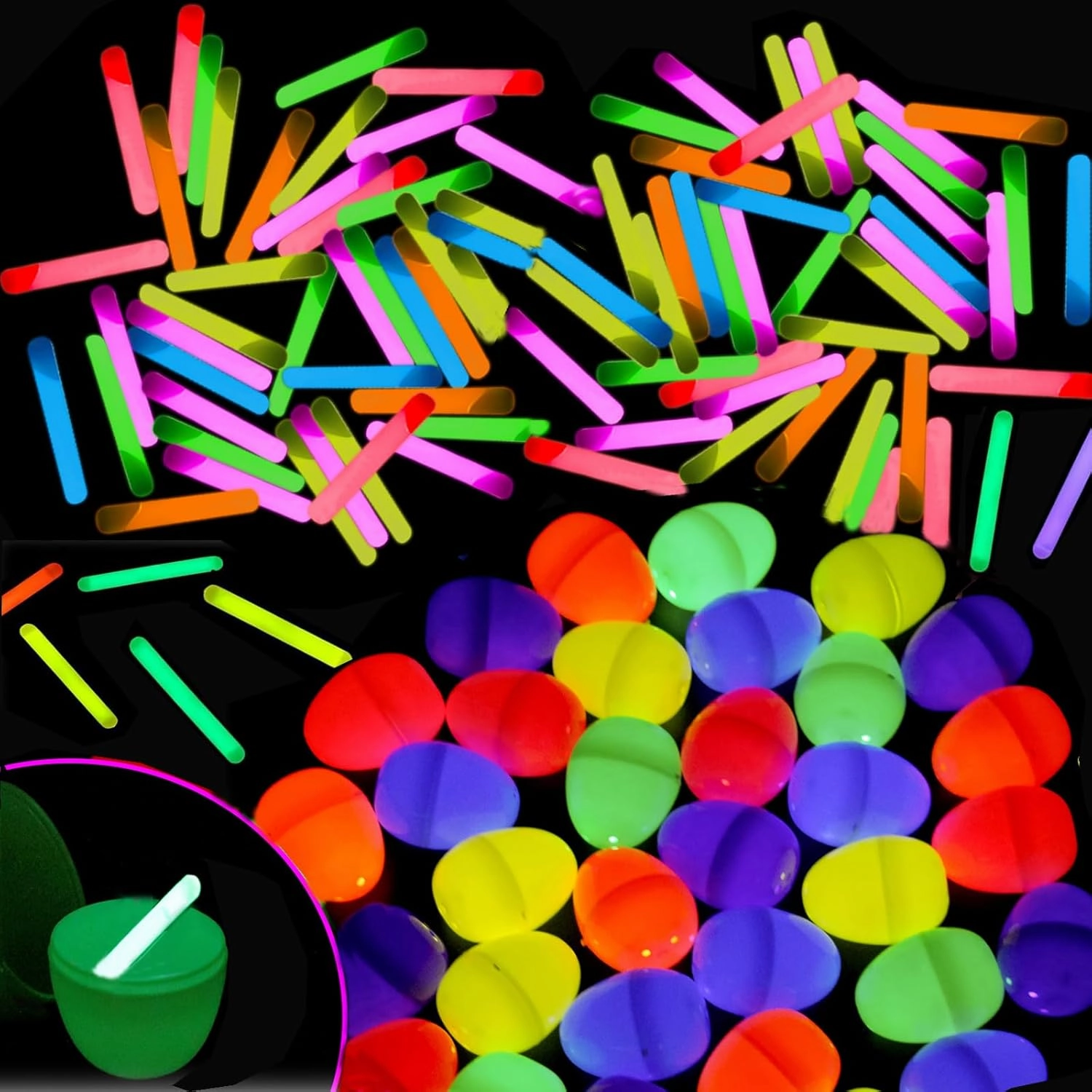 Amy & Benton 144 Easter Glow Eggs with 288 Mini Glow Sticks for Kids-Easter Eggs Glow in the Dark Egg Hunt Game Bulk Party Favors Boys Girls Classroom Prizes Decorations