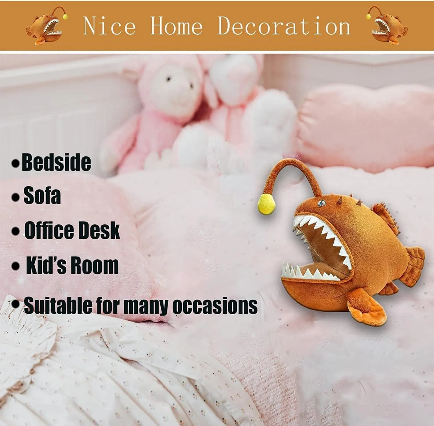Anglerfish Plush Toy - Cute 12" Brown Anglerfish Creepy Stuffed Animals Toys Real Sea Life Goosefish Lanternfish Plushie,Gift Toys for Kids Birthday Christmas Halloween,Home Decor