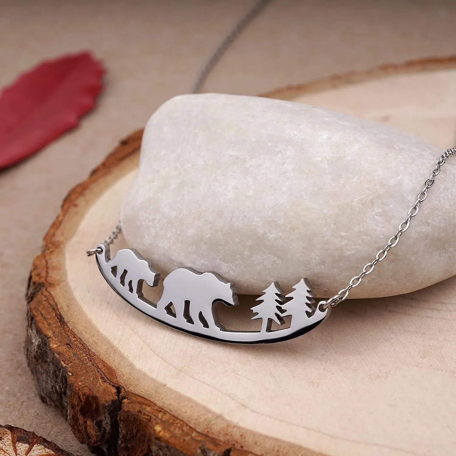 Animal Necklace for Women Cute Moose Elk Bear Wolf Animal Mountain and Tree Pendant Charm Curved Bar Necklace Stainless Steel Animal Jewelry Gifts for Women Men