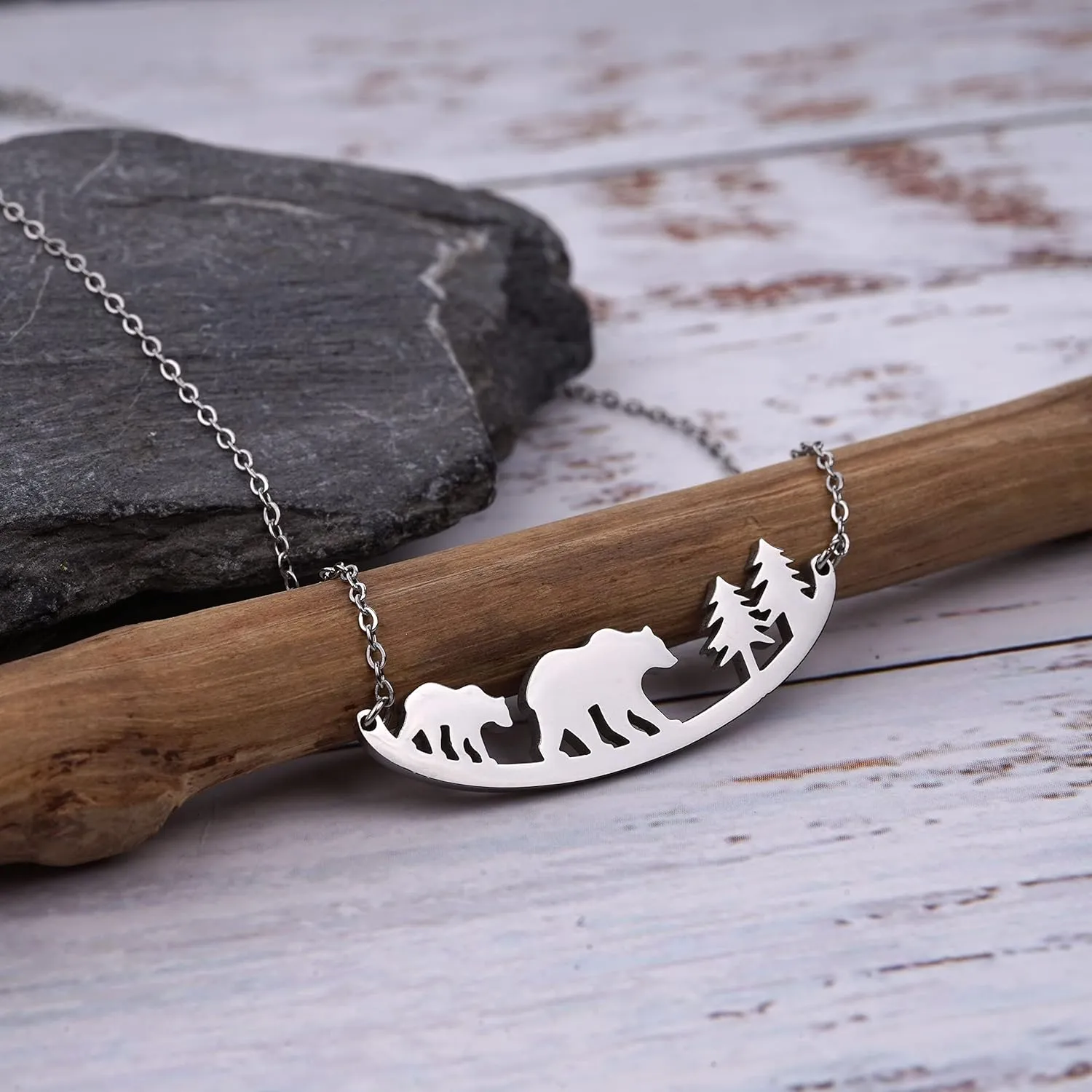 Animal Necklace for Women Cute Moose Elk Bear Wolf Animal Mountain and Tree Pendant Charm Curved Bar Necklace Stainless Steel Animal Jewelry Gifts for Women Men