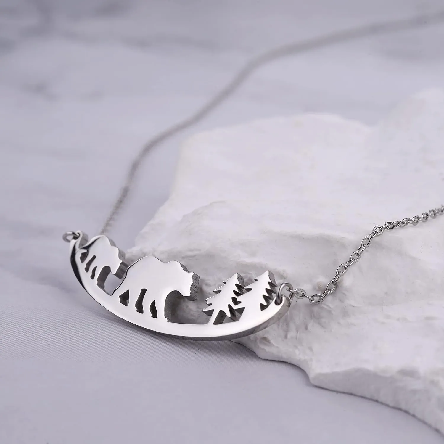 Animal Necklace for Women Cute Moose Elk Bear Wolf Animal Mountain and Tree Pendant Charm Curved Bar Necklace Stainless Steel Animal Jewelry Gifts for Women Men