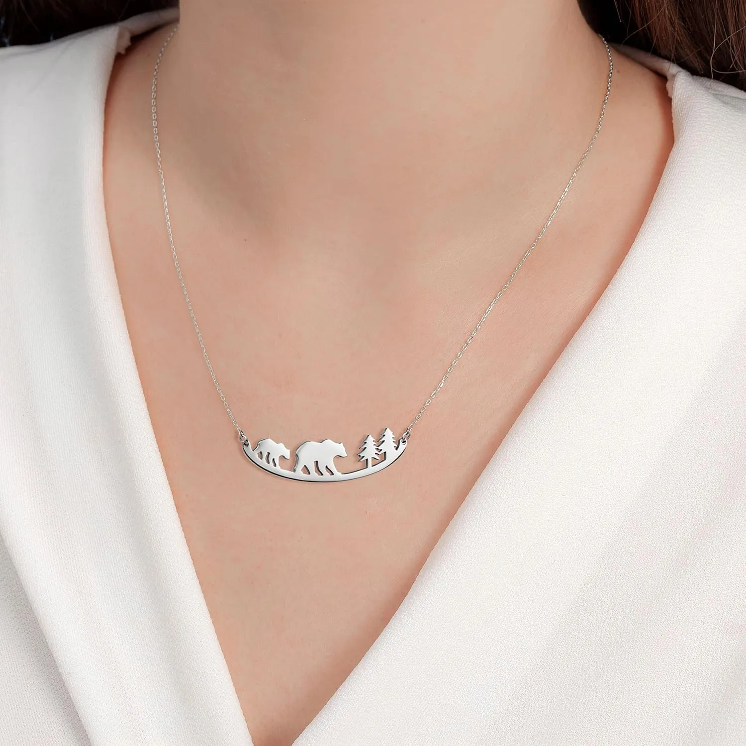 Animal Necklace for Women Cute Moose Elk Bear Wolf Animal Mountain and Tree Pendant Charm Curved Bar Necklace Stainless Steel Animal Jewelry Gifts for Women Men