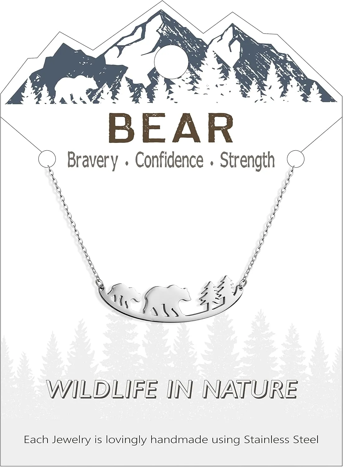 Animal Necklace for Women Cute Moose Elk Bear Wolf Animal Mountain and Tree Pendant Charm Curved Bar Necklace Stainless Steel Animal Jewelry Gifts for Women Men