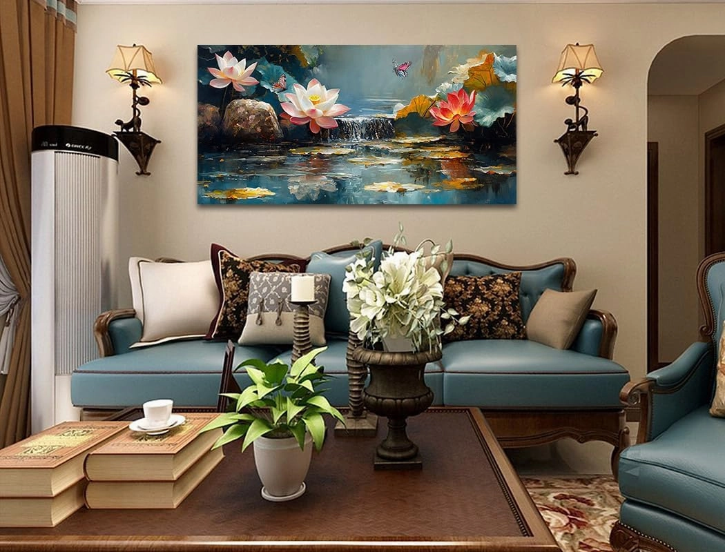 Anolyfi Large Canvas Wall Art Zen Decor Pink Lotus Picture Flower Butterfly Landscape Bedroom Painting Textured Artwork Framed for Spa Living Room Bathroom Kitchen Yoga Room Office Home Decor 40"x20"