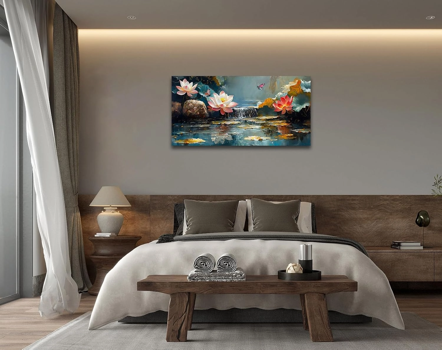 Anolyfi Large Canvas Wall Art Zen Decor Pink Lotus Picture Flower Butterfly Landscape Bedroom Painting Textured Artwork Framed for Spa Living Room Bathroom Kitchen Yoga Room Office Home Decor 40"x20"