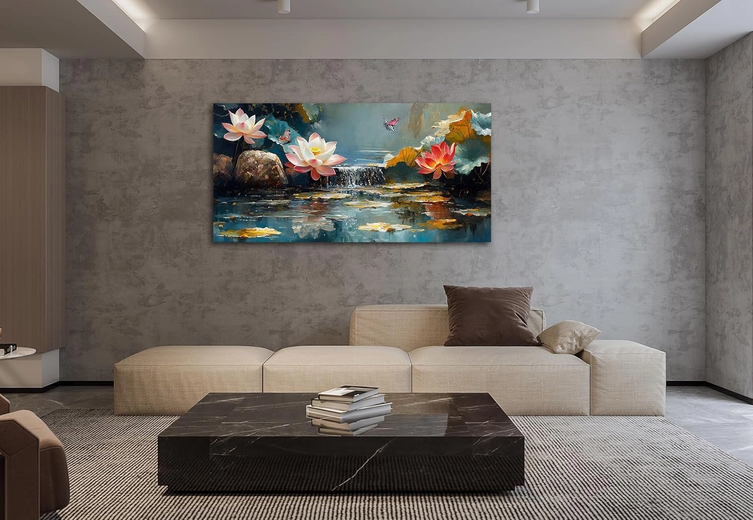 Anolyfi Large Canvas Wall Art Zen Decor Pink Lotus Picture Flower Butterfly Landscape Bedroom Painting Textured Artwork Framed for Spa Living Room Bathroom Kitchen Yoga Room Office Home Decor 40"x20"