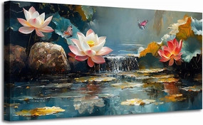 Anolyfi Large Canvas Wall Art Zen Decor Pink Lotus Picture Flower Butterfly Landscape Bedroom Painting Textured Artwork Framed for Spa Living Room Bathroom Kitchen Yoga Room Office Home Decor 40"x20"