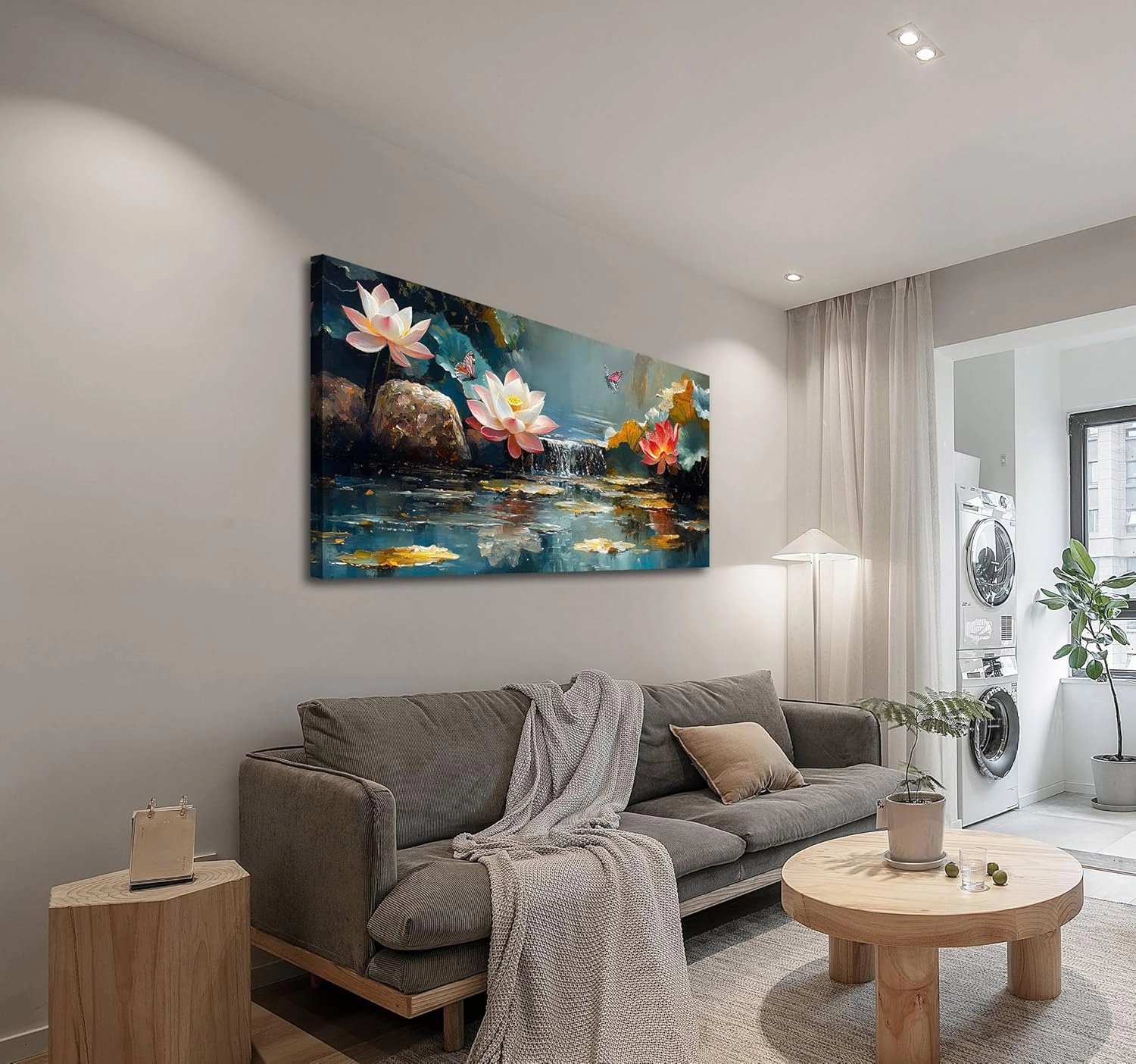 Anolyfi Large Canvas Wall Art Zen Decor Pink Lotus Picture Flower Butterfly Landscape Bedroom Painting Textured Artwork Framed for Spa Living Room Bathroom Kitchen Yoga Room Office Home Decor 40"x20"