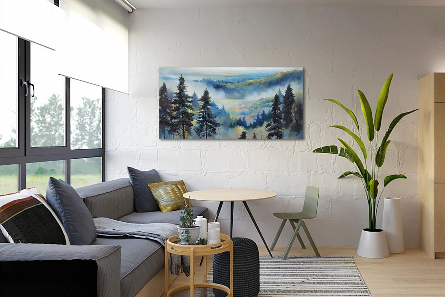 Anolyfi Tree Wall Art Canvas Misty Forest Mountain Landscape Painting, Foggy Pine Tree Nature Scenery Blue Textured Artwork Large Framed for Living Room Bedroom Bathroom Office Home Decor 40"x20"