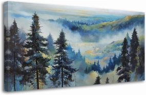 Anolyfi Tree Wall Art Canvas Misty Forest Mountain Landscape Painting, Foggy Pine Tree Nature Scenery Blue Textured Artwork Large Framed for Living Room Bedroom Bathroom Office Home Decor 40"x20"