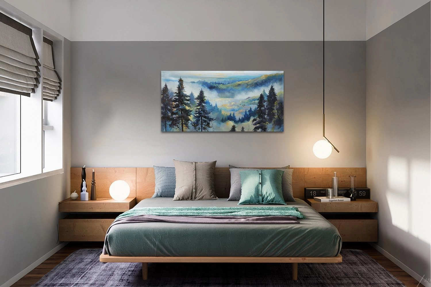 Anolyfi Tree Wall Art Canvas Misty Forest Mountain Landscape Painting, Foggy Pine Tree Nature Scenery Blue Textured Artwork Large Framed for Living Room Bedroom Bathroom Office Home Decor 40"x20"