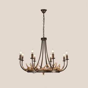 Antlers Chandelier Rustic Round Chandelier Farmhouse Wagon Wheel Chandelier Resin Deer Antler Light Fixture Candle 8 Light Vintage Cabin Ceiling Chandelier Lighting for Living Room