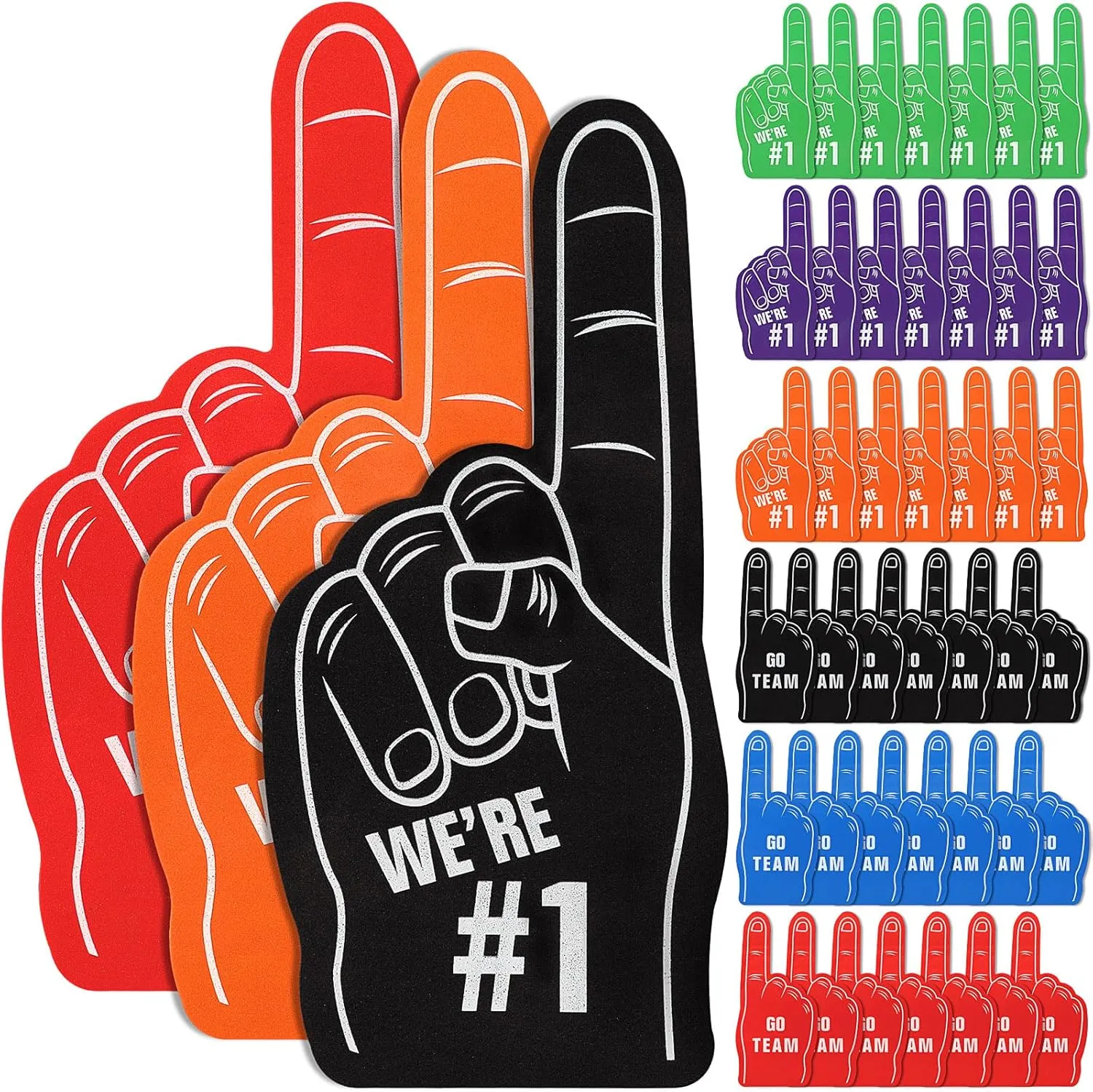 Aoriher 63 Pcs Foam Finger Set 60 Pcs 5.51'' We're Number 1 Mini Foam Finger 3 Pcs 18''Giant Foam Finger for Sport Cheer Celebration Pom Pom for Baseball Game Football Birthday Party Supplies