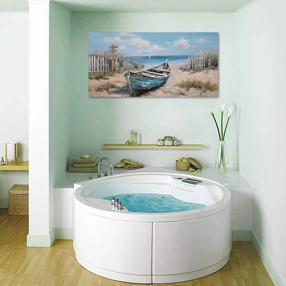 Ardemy Blue Coastal Wall Art Textured Beach Painting Turquoise Teal Sea Shore Picture Large Size Modern Boat Artwork Framed Living Room Bedroom Kitchen Bathroom Dinning Room Home Office Wall Decor