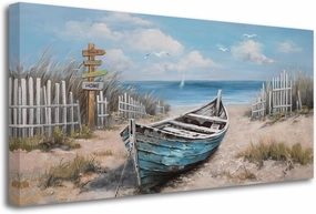 Ardemy Blue Coastal Wall Art Textured Beach Painting Turquoise Teal Sea Shore Picture Large Size Modern Boat Artwork Framed Living Room Bedroom Kitchen Bathroom Dinning Room Home Office Wall Decor
