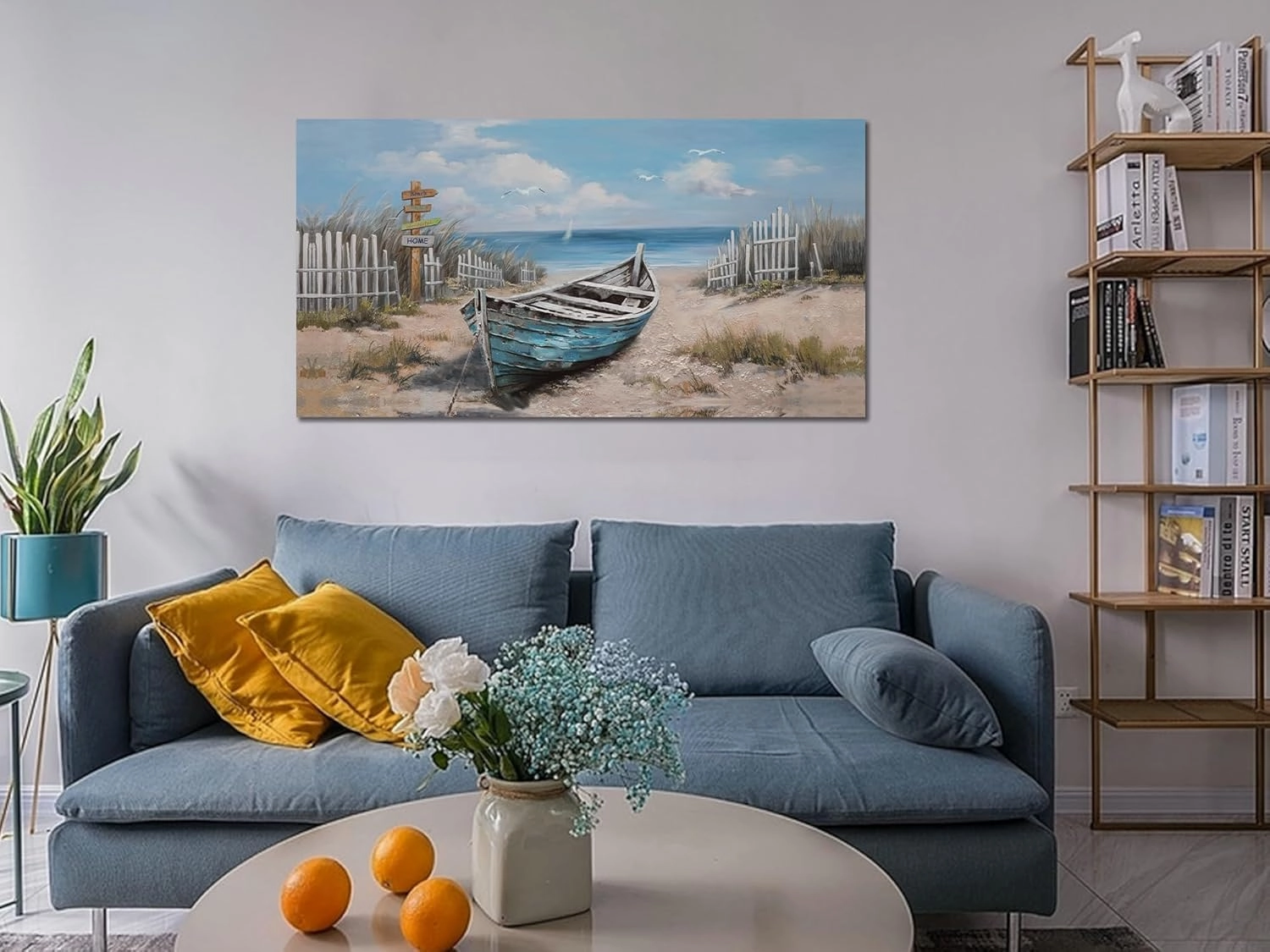 Ardemy Blue Coastal Wall Art Textured Beach Painting Turquoise Teal Sea Shore Picture Large Size Modern Boat Artwork Framed Living Room Bedroom Kitchen Bathroom Dinning Room Home Office Wall Decor